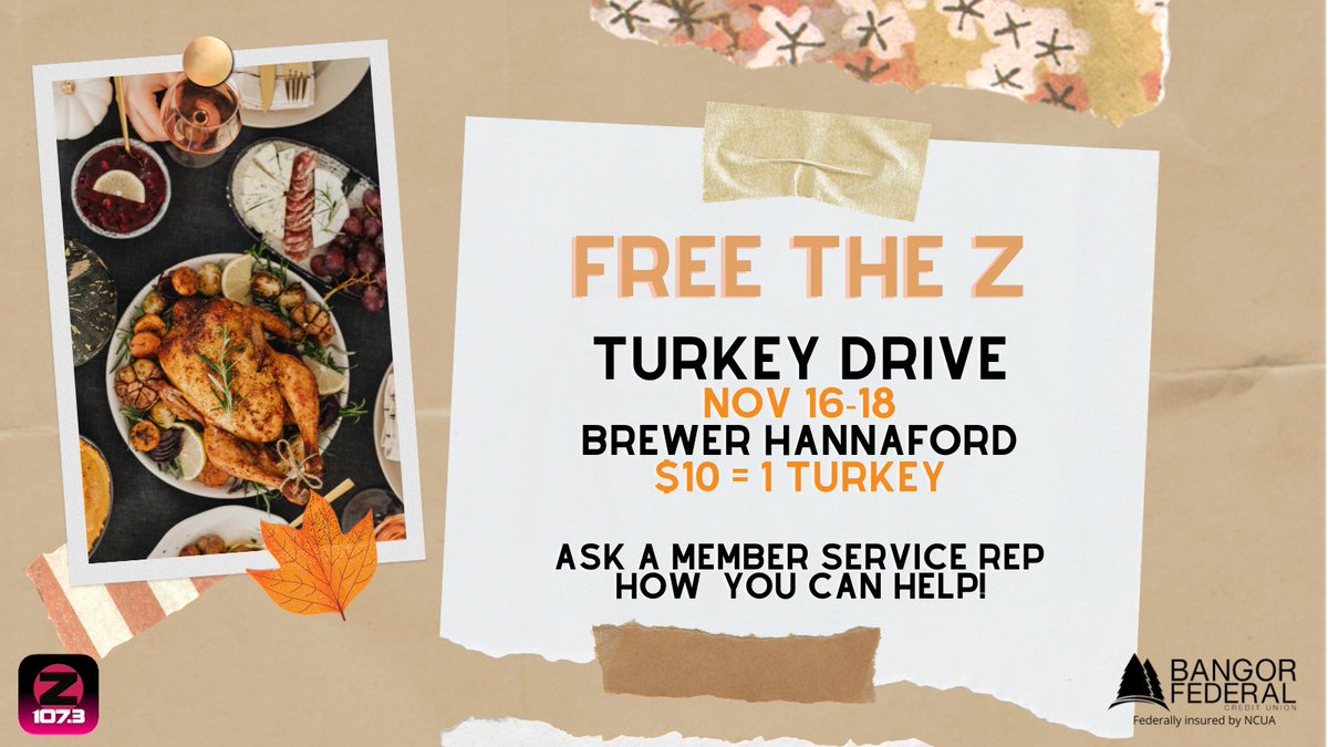 We’re so excited to help raise money for <a href="/Z1073/">Z 107.3</a>’s FREE THE Z turkey drive. Stop by any branch location and make a cash donation ahead of time! Bangor Federal AND our community thanks you!