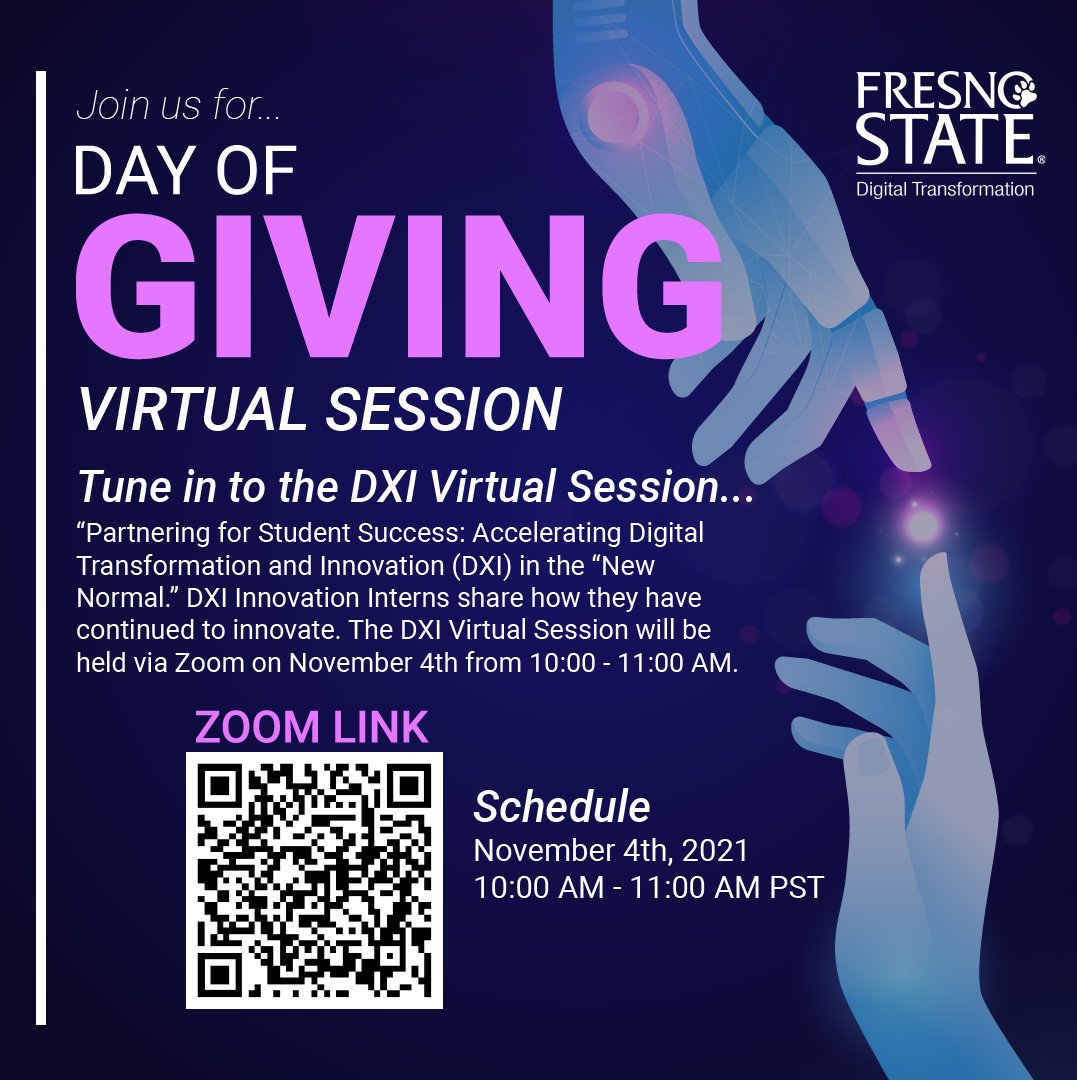 FresnoStateTech's tweet photo. Take a look into what projects DXI interns are working on and how they continue to innovate! Save the date tomorrow NOV. 4 from 10am-11amโจ
#fresnostatetech #fresnostatedx #FresnoStateDOG https://t.co/40NwI2x0Ue
