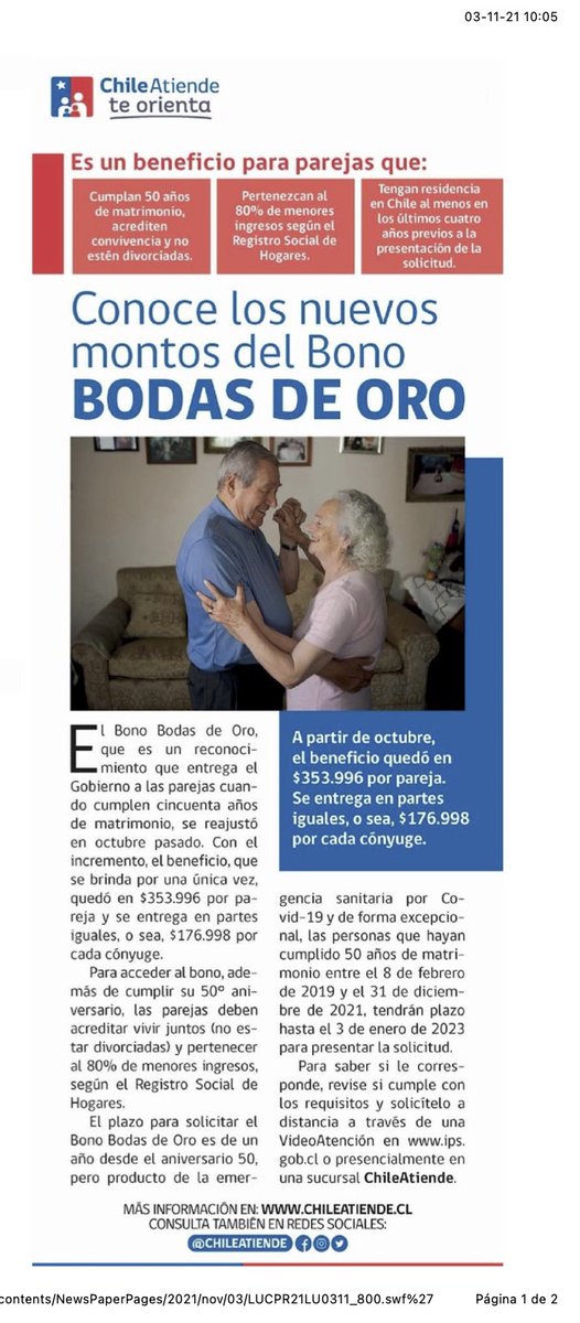 IPSChile (@ipschile) on Twitter photo ☝ Desde octubre el #BonoBodasDeOro aumentó a $353.996 por pareja.
Si conoces a alguna que cumpla 50 años de matrimonio, cuéntales que pueden solicitarlo por una VideoAtención 👉 bit.ly/3q0o6y7
Mira la nota de hoy en Las Últimas Noticias <a href="/lun/">Las Últimas Noticias</a> bit.ly/3bErR40 ☝ Desde octubre el #BonoBodasDeOro aumentó a $353.996 por pareja.
Si conoces a alguna que cumpla 50 años de matrimonio, cuéntales que pueden solicitarlo por una VideoAtención 👉 bit.ly/3q0o6y7
Mira la nota de hoy en Las Últimas Noticias <a href="/lun/">Las Últimas Noticias</a> bit.ly/3bErR40