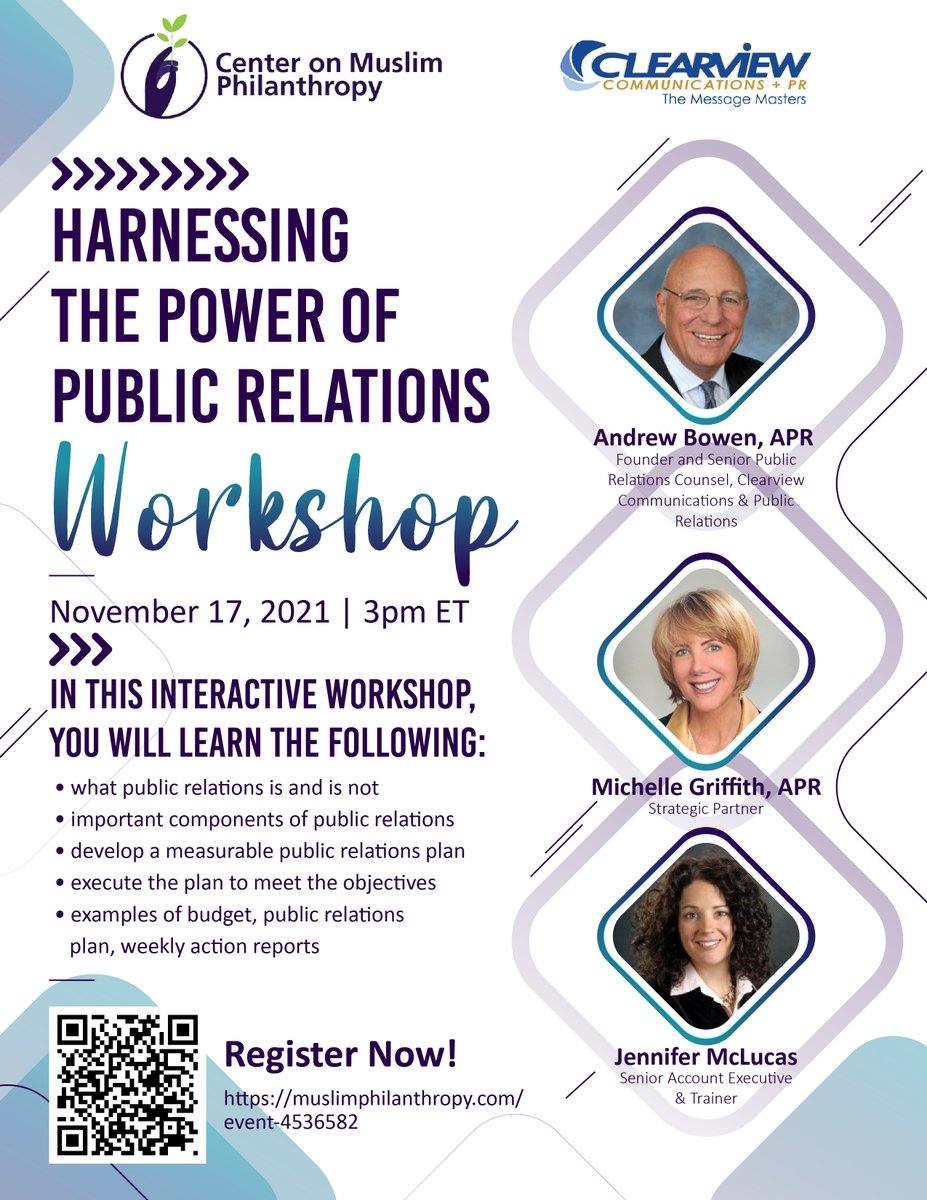 The Center on Muslim Philanthropy is excited to share with you our partnership with <a href="/ClearviewComPR/">ClearviewComPR</a>! Don't miss the Effective Communications Workshop series! The first workshop starts on Nov 17. 
#publicrelations #mediarelations #presswriting