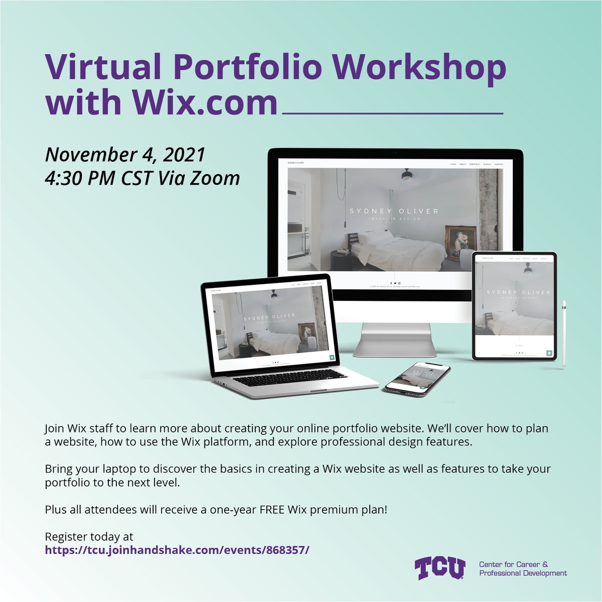 Ready to create your own Wix online portfolio? Join us for a one hour zoom session to learn about creating your online portfolio on November 4 at 4:30 PM. Plus, all attendees will receive a one-year FREE Wix premium plan!! Registration at link in bio. #TCUCareerReady
