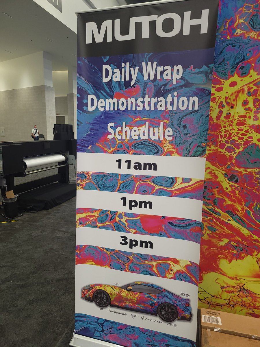 MutohAmerica's tweet photo. Join #MUTOH today for live wrap demos and giveaways. #vinylvixen and #slimsheddy are in the booth wrapping our #Supra.See you at 11am, 1pm &amp; 3pm!  #wrapseshaz https://t.co/VunQatyP0S