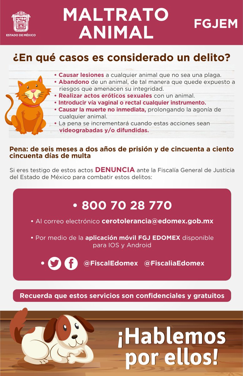 FiscaliaEdomex's tweet photo. El abandono de un animal que lo exponga a riesgos que amenacen su integridad, la de otros animales o personas es considerado #MaltratoAnimal dentro de la legislación en el #Edoméx, denuncia al 800 7028 770, la aplicación móvil FGJ Edomex o en la página https://t.co/BgUtBCTBW9 https://t.co/7an1WCUFHj