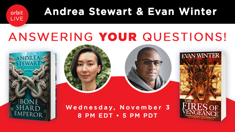 orbitbooks's tweet photo. This #OrbitLIVE event is TODAY at 8pm EDT/5pm PDT!

Join @AndreaGStewart and @EvanWinter for a conversation about their books, magical creatures both forbidding and friendly, and writing middle books in series. Plus, a live Q&amp;A!

Register here: https://t.co/2MkD4jaedd https://t.co/m1pnQrskgV