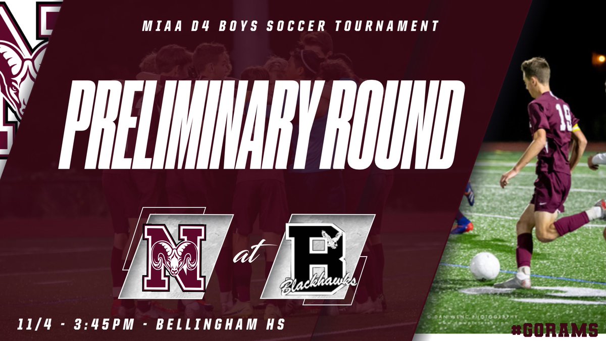 NBRamsAthletics's tweet photo. MIAA Boys Soccer Playoffs:

(34) Northbridge at (31) Bellingham

⏱ 3:45pm - 11/4
📍 Bellingham HS

*FREE ADMISSION* https://t.co/maZ1r1NQYK
