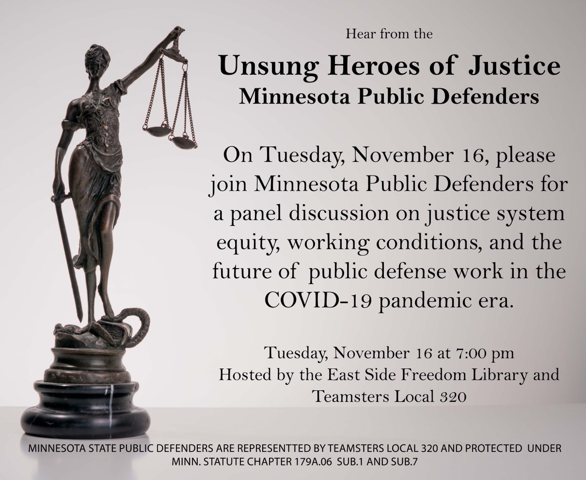 IBT_320's tweet photo. Join with #Teamsters Local 320 &amp; @ESFLibrary for an important discussion on MN Public Defender issues https://t.co/TIUoFhoCno w/ @Teamsters @Teamstersjc32 #mnleg https://t.co/Ro6mYTqoIx