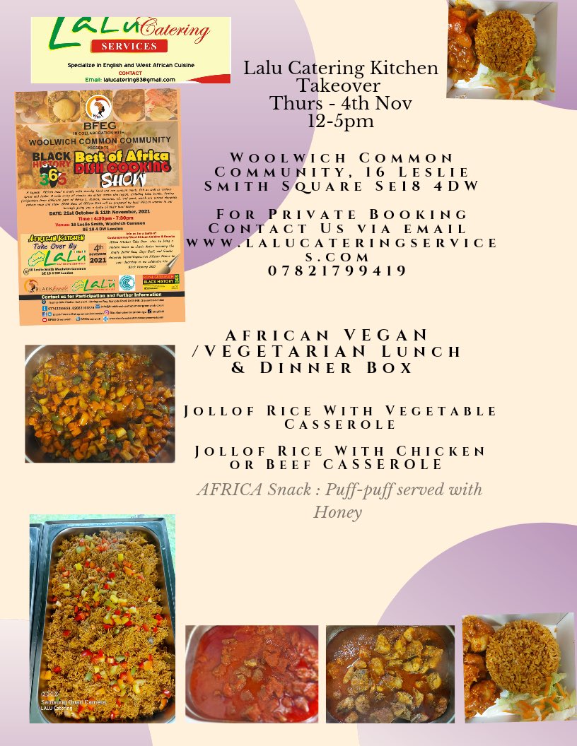 @lalu_catering Kitchen Take Over Tomorrow @WoolwichComCC as part of @BFEGreenwich Best of Africa Dish @Royal_Greenwich @foodingreenwich @DanLThorpe @adel_khaireh @AMCo1 @NHSGreenwichCCG @GreenwichHour @greenwichlibs @PlumsteadMarket @Byoungstars1 @BlacAwards @MrOkereke #Food