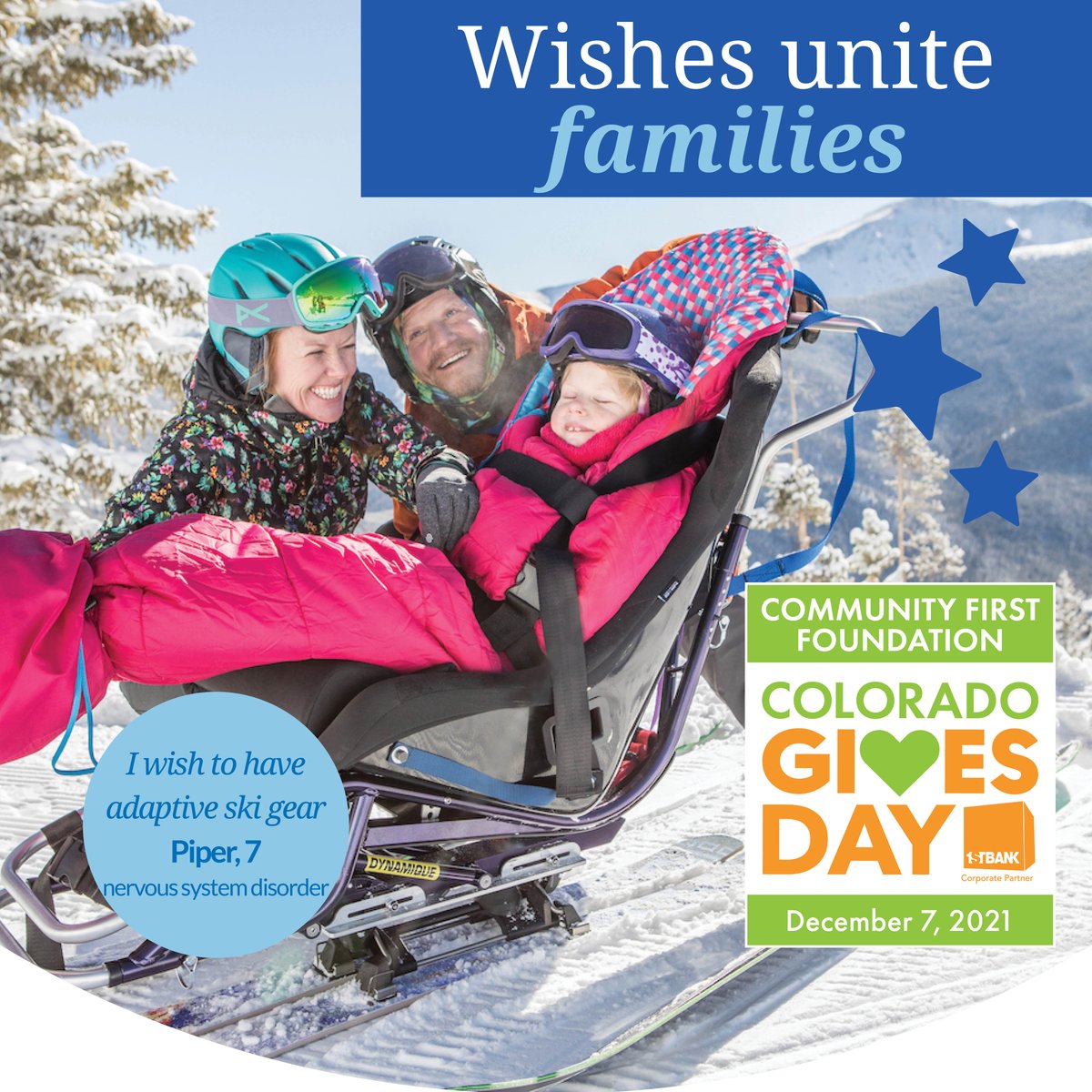 WishColorado's tweet photo. #ColoradoGivesDay is on 12/7! Schedule your donation of $5 or more NOW and your gift will be MATCHED, dollar-for-dollar, up to $50,000 thanks to Michael &amp; Marley Wagner! Help wish kids like Piper who wished to have adaptive ski gear! Donate at https://t.co/hyhYH6VjI2 https://t.co/17GIXo8eiB