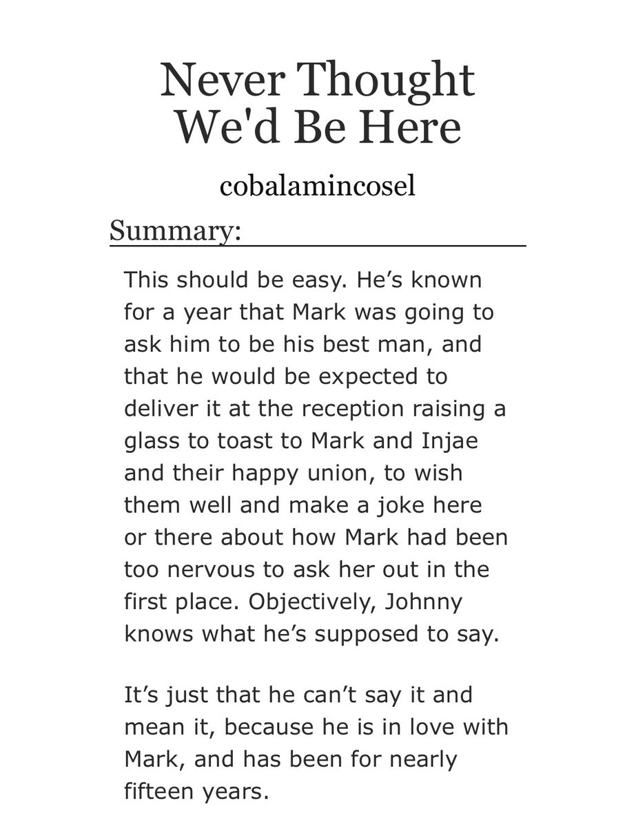 johnyumark's tweet photo. 🤵‍♂️Never Thought We’d Be Here
🤵‍♂️Johnmark #johnmark
🤵‍♂️Teen and Up 
🤵‍♂️Johnny is Mark’s best man at Mark’s wedding. Johnny has been in love with Mark for fifteen years. Johnny has never told him.
🤵‍♂️4,150 words
🤵‍♂️Sad ending
🤵‍♂️Link in reply! https://t.co/7u2dKJ1BXd