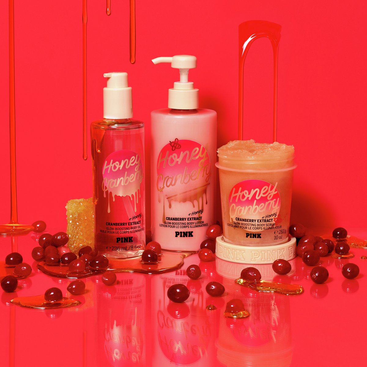 Glisten up y'all! 📣 #PINKBty did it again with NEW Honey Cranberry! With juicy super berries and sparkling honey, this scent is destined to be your new holiday fave!
