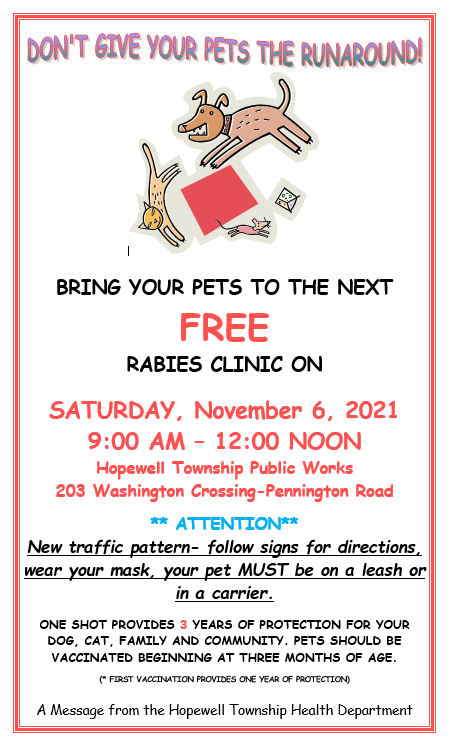 TwpofHopewellNJ's tweet photo. Rabies Clinic on Saturday!
9am - 12 noon 
Hopewell Twp Public Works Bldg
All are welcome! https://t.co/yPyUgHumpY