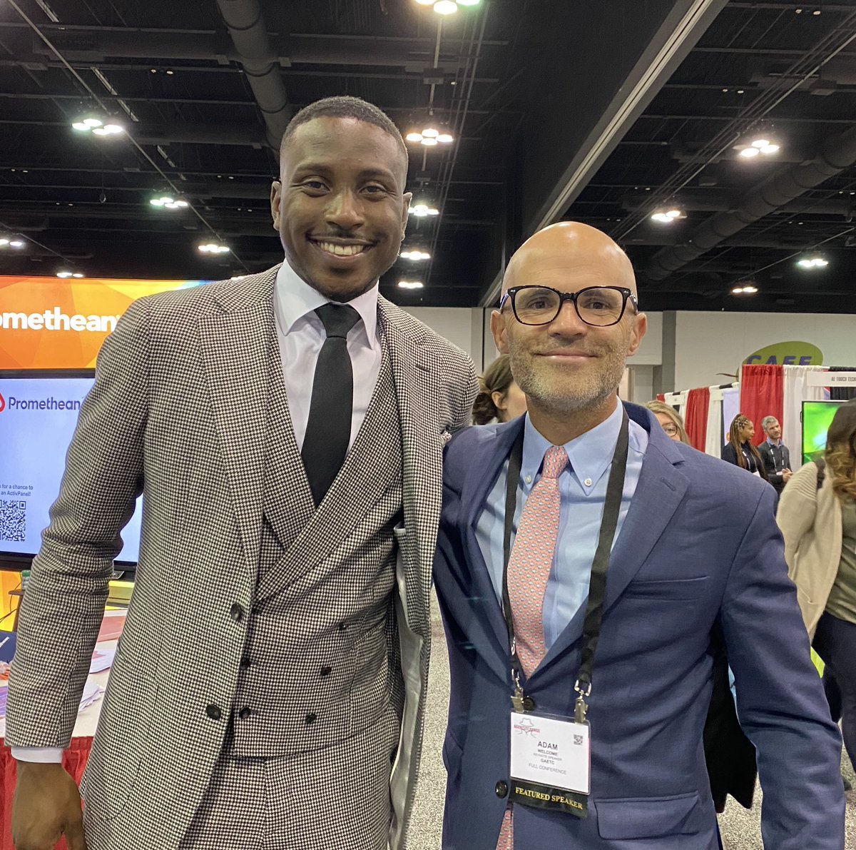 cbuckybeaver's tweet photo. Caught up with our two @GaETConf keynote speakers in the exhibit hall.  Check out @mradamwelcome    and @MichaelBonner_ #GaETC21 https://t.co/tkrHcOGtoS