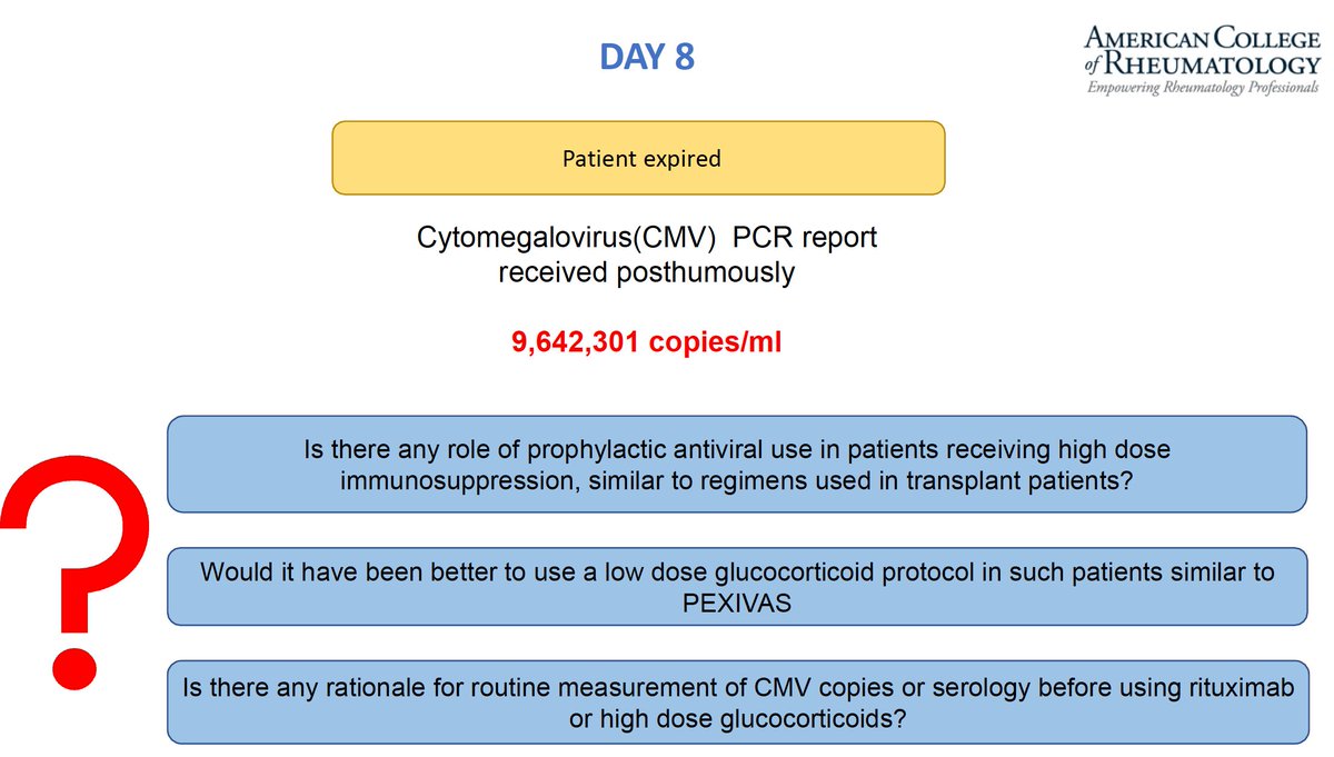 ERheumat's tweet photo. Interesting case AAV:
CMV is a perpetual enemy of any rheumatologist
have a low threshold of suspicion
pre-immunosuppression screening has plausibility issues in real world
IVIG could be a lifesaver in infection vs inflammation conundrum
@SujataGanguly17 #ACR2021 #ACRGlobal https://t.co/sImmLeld5u