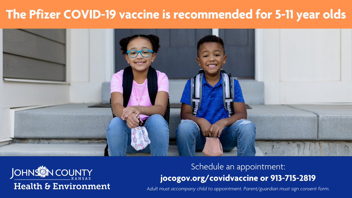 The Pfizer pediatric #COVID19 vaccine is now recommended for children ages 5-11 yrs. Starting Monday, Nov. 8 we will offer the pediatric vaccine at our Mission clinic (Monday-Thursday). Schedule an appt: ow.ly/uLvB50GFqnU. #SleeveUpJoCo