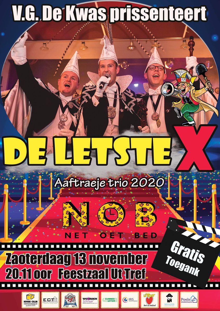 Zaoterdaag 13 november a.s. organisere weej De Letste X in ós residentie. 
Dezen aovend zal gans in 't teike staon van 't aafscheid van Prins Mark II met zien adjudante Wilburt en Jeroen.
Feesband Net Oet Bed zal zörge veur de juuste vastelaovesstumming.
