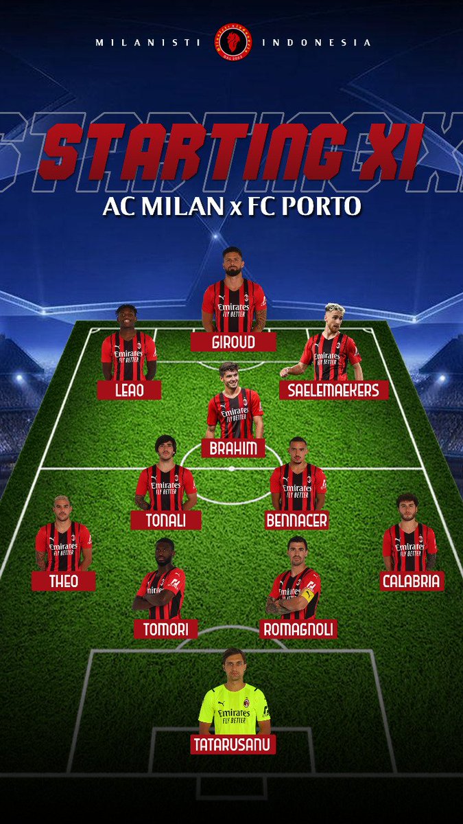 MilanistiOrId's tweet photo. Starting XI malam ini menghadapi Porto. Giroud main sejak awal. 

🔥🔴⚫

#MilanPorto #UCL https://t.co/uYnnXDbsRr