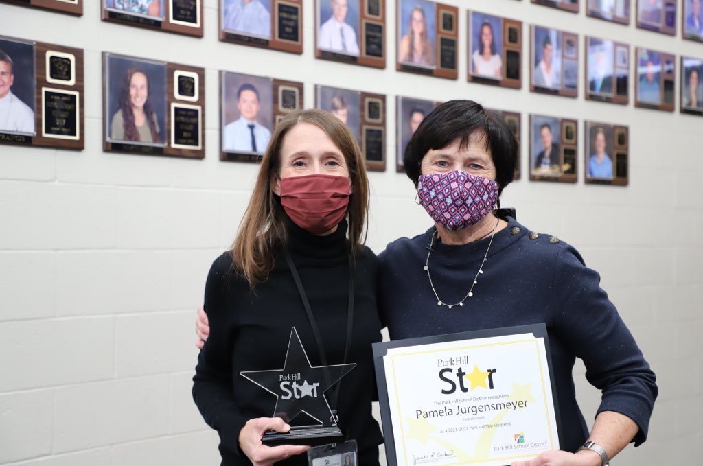 ParkHillSouthHS's tweet photo. This morning, Dr. Cowherd surprised Pam with the PHSD Secondary Star Award. She was nominated by a community member for her support to both her students and athletes.  This is well deserved.  Please help me congratulate Mrs. Jurgensmeyer!!! https://t.co/6jd4qVRMmY