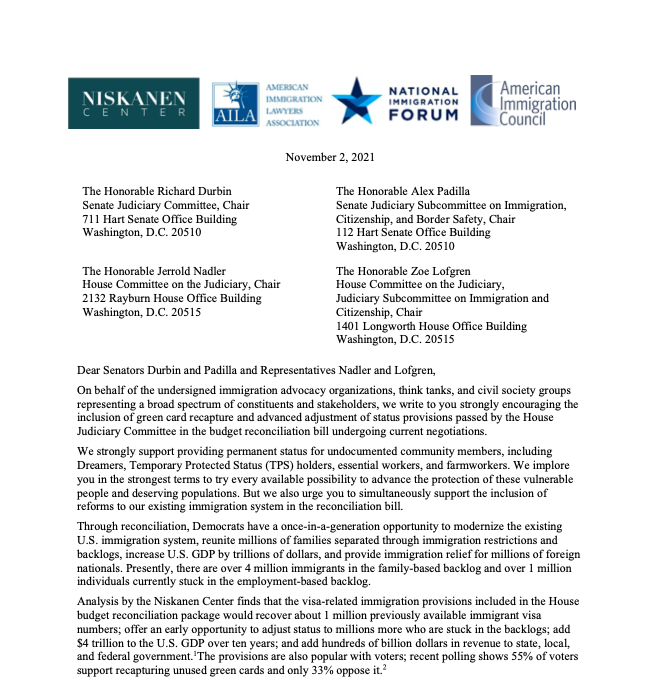 NiskanenCenter's tweet photo. In new coalition letter, 95 advocacy groups endorse green card recapture &amp; advanced adjustment of status in reconciliation, arguing it's a once-in-a-generation opportunity to modernize immigration system, reunite families, &amp; provide backlog relief. Link: https://t.co/B1qJh7g44k https://t.co/ZT7L8X8feZ