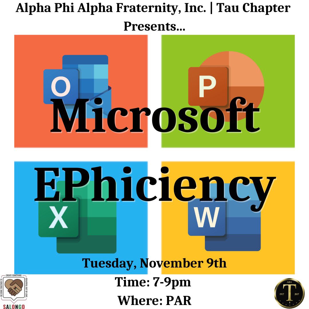 TAU1917's tweet photo. Join us next Tuesday from 7-9pm at PAR for our Office event titled “Microsoft Ephiciency” as we walk through and teach about different uses of Microsoft Office! https://t.co/jmhTiYI6dr