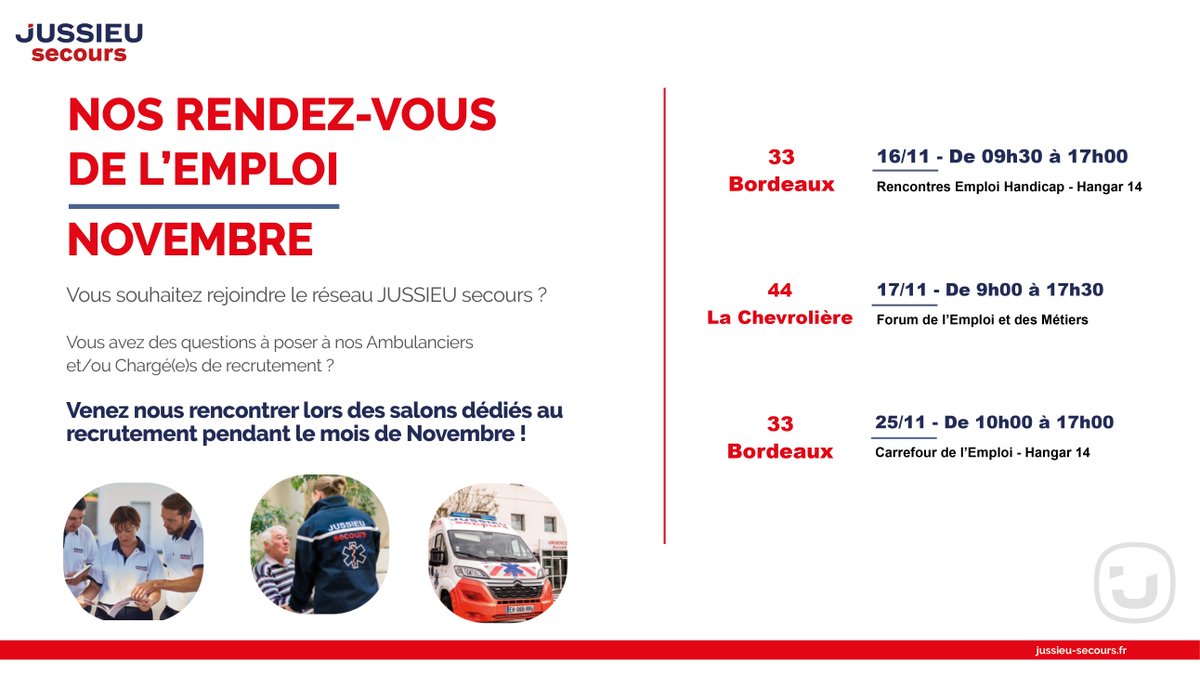JUSSIEU_secours's tweet photo. Durant ce mois de novembre, retrouvez JUSSIEU secours lors des salons dédiés au #recrutement !  🚑

#Ambulancier #santé #emploi https://t.co/xIm81Zbqrn