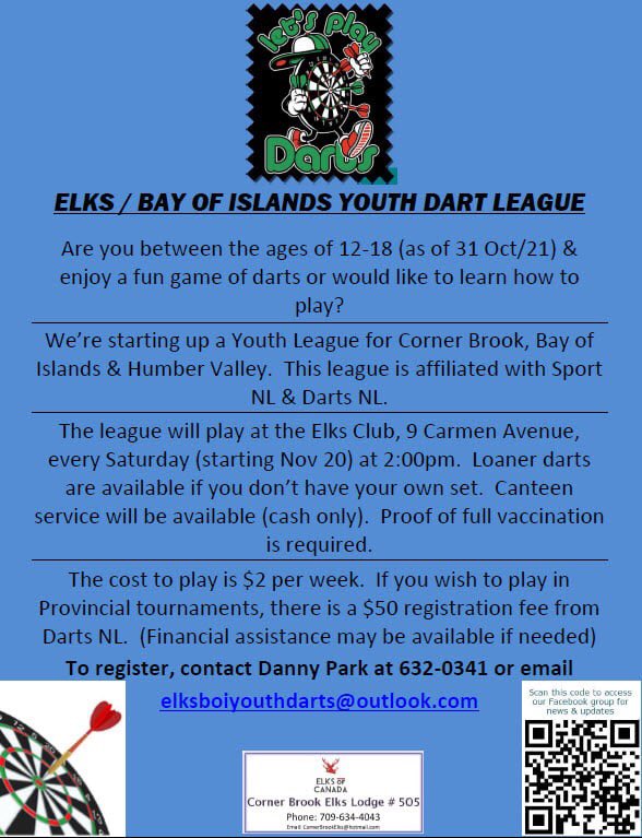 Youth #darts is starting up in #cornerbrook!  Who’s interested?
#elksproud