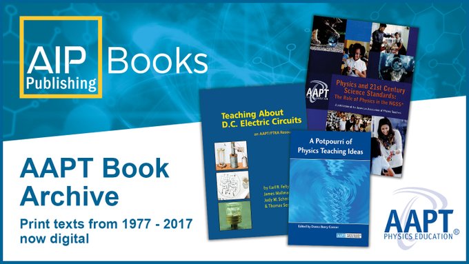 AAPTHQ's tweet photo. In partnership with AAPT, @AIP_Publishing is delighted to offer an archive collection of timeless books. The collection brings together books originally published from 1977-2017. Read the first chapter of all 34 books for FREE. -> https://t.co/uUigKkys1f #aaptbooks https://t.co/erW9Gk6mvW