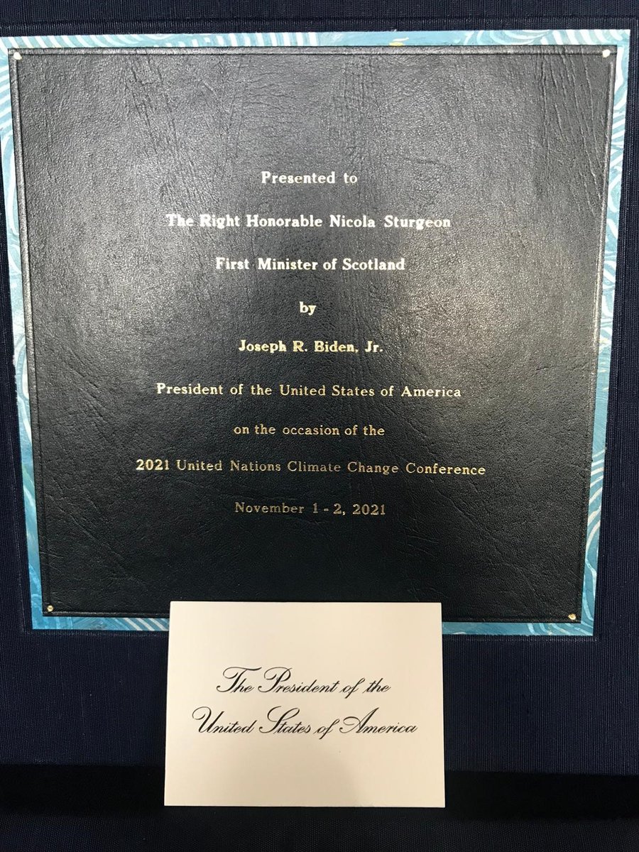 ScotGovFM's tweet photo. First Minister @NicolaSturgeon is delighted to have received, on behalf of the people of Scotland, a gift from President Biden. She was also pleased to welcome @POTUS to Glasgow, and looks forward to him returning to Scotland in future. #COP26 https://t.co/wY3wtq5rfg