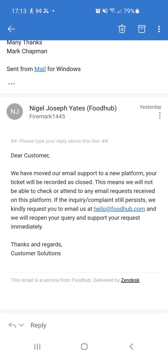 firemark1445's tweet photo. Cannot believe the absolutely disgraceful service from @FoodhubUK 
My order duplicated and I was charged twice so went online to request a refund and this is the reply I got....yes they acknowledged my request and then just closed my ticket/request without even looking in to it https://t.co/siGGbfX4rA