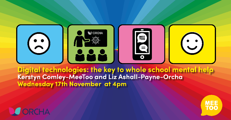 tellmi_helps's tweet photo. School staff and senior leaders are invited to discuss the role digital apps can play in improving student well-being, prevention and early intervention. Join @OrchaHealth and @MeeToo_helps at 16:00 on Wednesday, 17 November.  #edutwitter #EdTech #sltchat