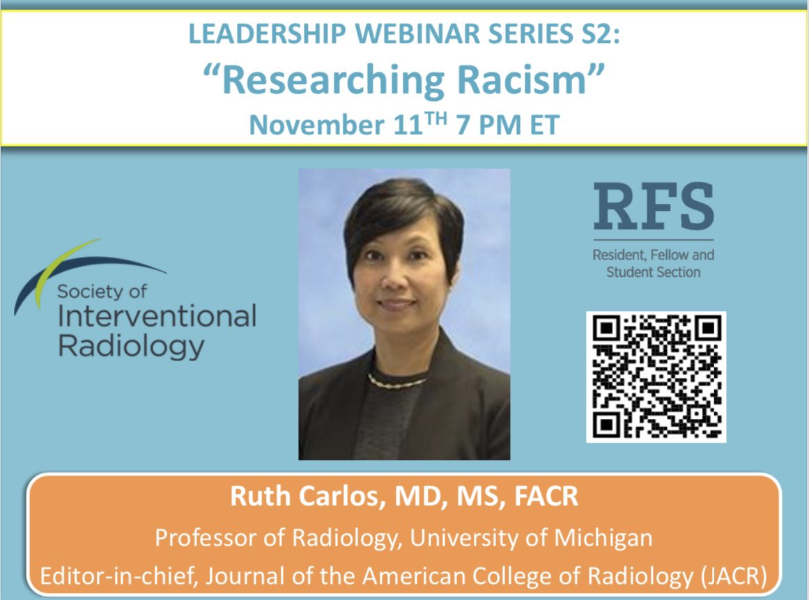 The 2nd webinar in the <a href="/SIRRFS/">SIR RFS</a> Leadership Webinar Series is Thursday Nov 11th at 7pm ET! Honored to have Dr. Ruth Carlos discuss the research process using disparities as a topic frame! Please join us! <a href="/womenirads/">WomeninIR</a> <a href="/SIRspecialists/">Society of Interventional Radiology</a> <a href="/ruthcarlosmd/">Ruth Carlos</a> 
Register: tinyurl.com/cjfn954b