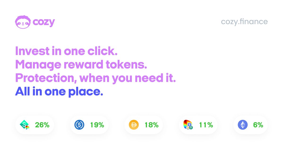 cozyfinance's tweet photo. Introducing Cozy Invest

🚀 Invest in one click
🪙 Earn and manage reward tokens
🛡 Protection, when you need it

All in one place. Try it out at https://t.co/88zL39e2ji. https://t.co/A3aIisbAhn