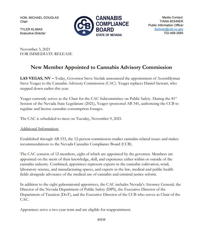 Today, @GovSisolak announced the appointment of Assemblyman Steve Yeager to the Cannabis Advisory Commission (CAC).