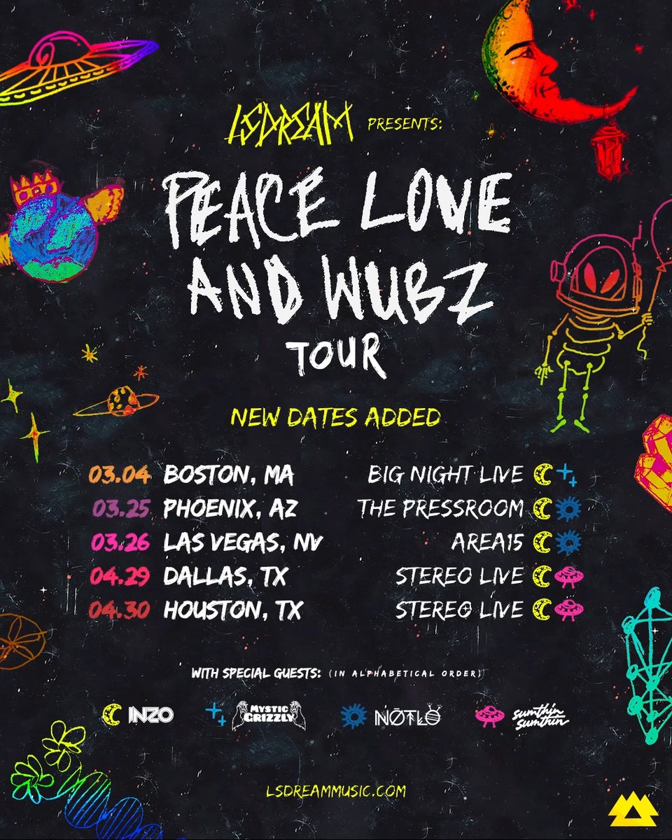 lsdream's tweet photo. New dates added to the PEACE LOVE &amp; WUBZ Tour!! Presale tix available now (code: WUBZ) // public on sale Fri at 10AM local time! Let me now what city you’re coming to! https://t.co/aKeKIpU4Te https://t.co/jmlVuS3qv5