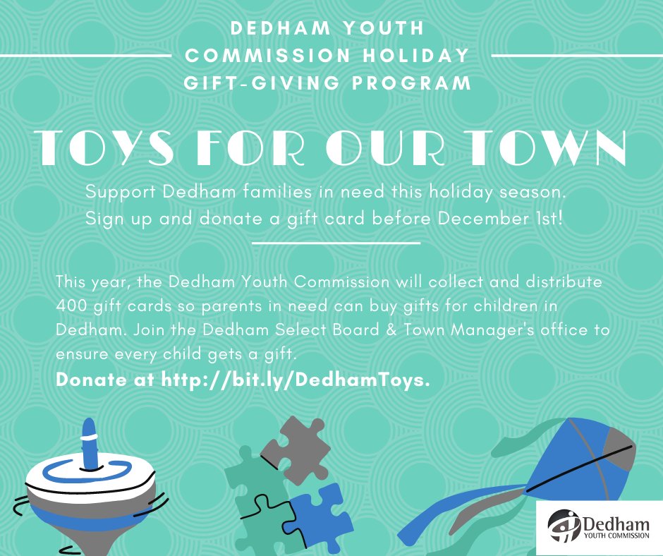 Each year, the Dedham Youth Commission collects &amp; distributes holiday gifts to 400+ #DedhamMA children. With the pandemic continuing, DYC wants to collect 400 gift cards for parents in need to buy the gifts their children want. Learn more &amp; donate at bit.ly/DedhamToys