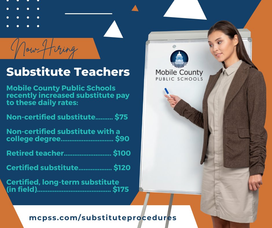 MCPSS_HR's tweet photo. Have you heard about our increased daily rates of pay for Substitute Teachers?! 💵📈🤑

For more information about substituting in our schools, check out: https://t.co/iUT6GDyN1R! https://t.co/D1D6zH9A6t