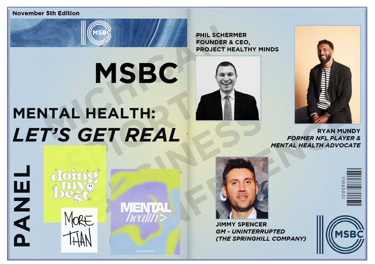 UMSBC's tweet photo. We are excited to announce that #MSBC10 will be featuring @philschermer from @ProjHealthyMind, @JimmySpencer from @uninterrupted, and @RyanGMundy in our mental health panel: “Let’s Get Real” #MSBC10 #WhatsYourNext10 https://t.co/ZwERNgvxQS