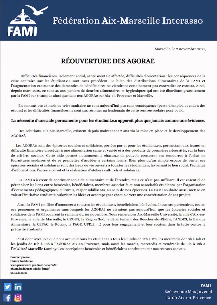 FAM_Interasso's tweet photo. Isolement social, difficultés financières, au lendemain de cette rentrée post-Covid, la nécessité d’une aide permanente pour les #étudiants.e.s n’a jamais été aussi évidente. 
Dans ce contexte, la FAMI a le plaisir d’annoncer que les AGORAe rouvrent cette semaine du 1/11 ! https://t.co/tt6xa6NRGo