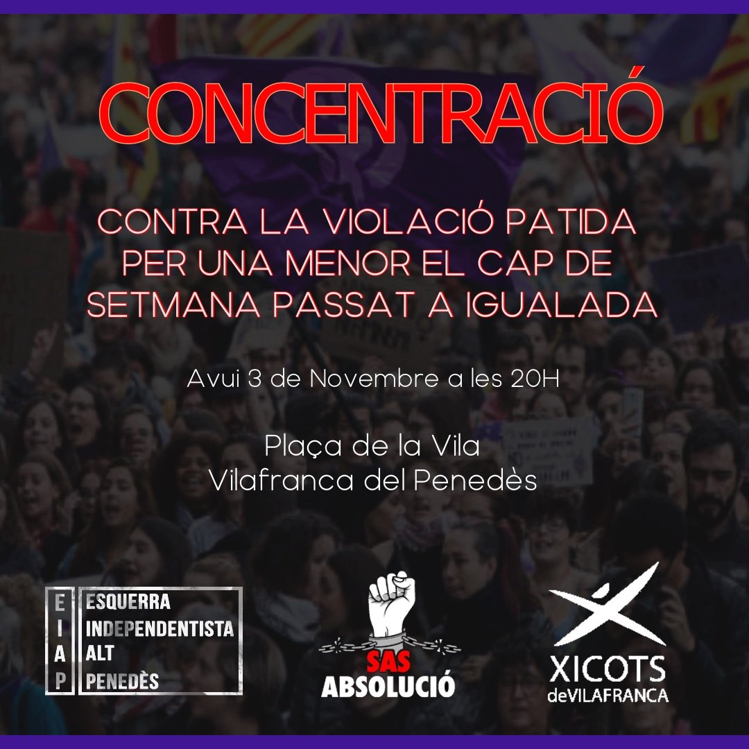Ens veiem a la plaça per rebutjar un dia més el masclisme i la violència envers les dones. Ho hem d'aturar.

🕗A les 20h
🚩Plaça de la Vila (Vilafranca)