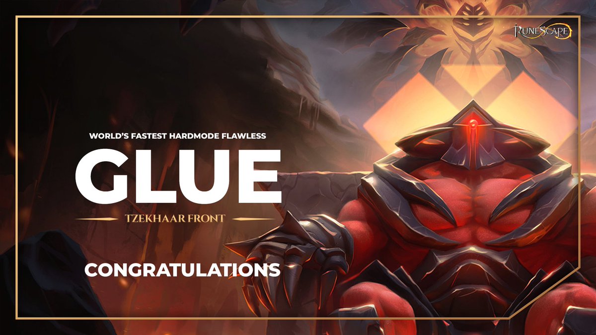 RuneScape's tweet photo. Many rose to our challenge, but in the end Glue rose highest with the fastest Flawless run of TzekHaar Hardmode over the past week.

Congratulations to our worthy champion! https://t.co/r64U4P4heg