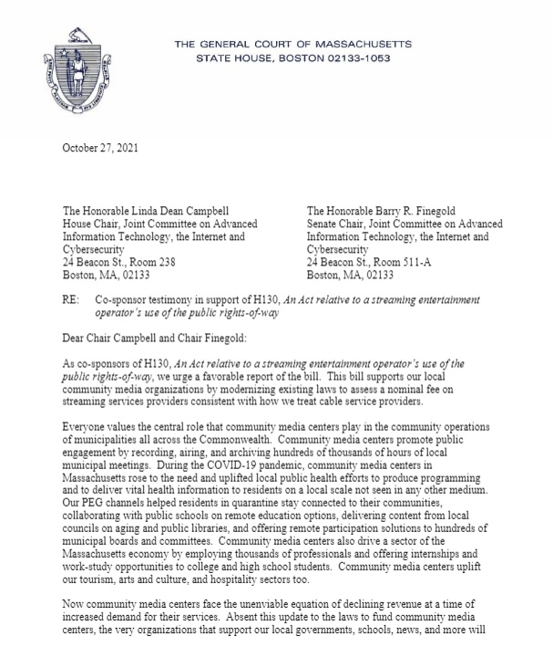 MassAccess's tweet photo. Thank you to the legislators who wrote this letter of support for H.130 and supporting #communitymedia and #PEGaccess @JoanMeschino @PaulTuckerSalem @SenJasonLewis @HannahEKaneMA @TamiGouveiaMA  @mciccolo @Barber4StateRep #repBrianMurray @RepKearney @Rep_Robertson @KateforRep https://t.co/ns5VBGvZG3