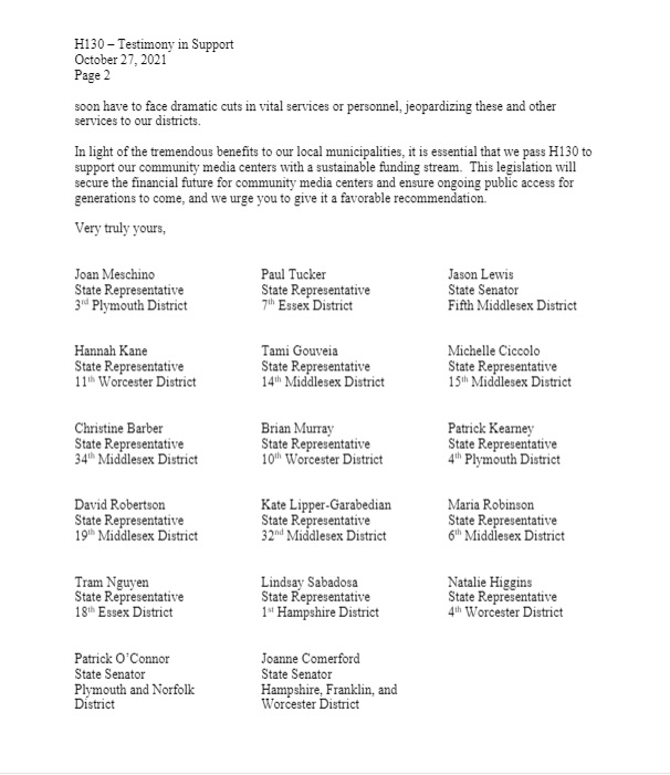 MassAccess's tweet photo. Thank you to the legislators who wrote this letter of support for H.130 and supporting #communitymedia and #PEGaccess @JoanMeschino @PaulTuckerSalem @SenJasonLewis @HannahEKaneMA @TamiGouveiaMA  @mciccolo @Barber4StateRep #repBrianMurray @RepKearney @Rep_Robertson @KateforRep https://t.co/ns5VBGvZG3