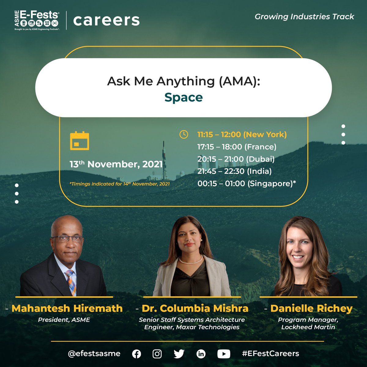 columbiaut's tweet photo. Excited to be a speaker at the  @ASMEdotorg @EFestsASME career in #spaceindustry discussion! Most elated to be sharing the platform with ASME President Mahantesh Hiremath &amp; Danielle Richey, Lockheed Martin Register:https://t.co/Snej6RtkS6 #womeninstem #SpaceDreams https://t.co/shjobgFDgC