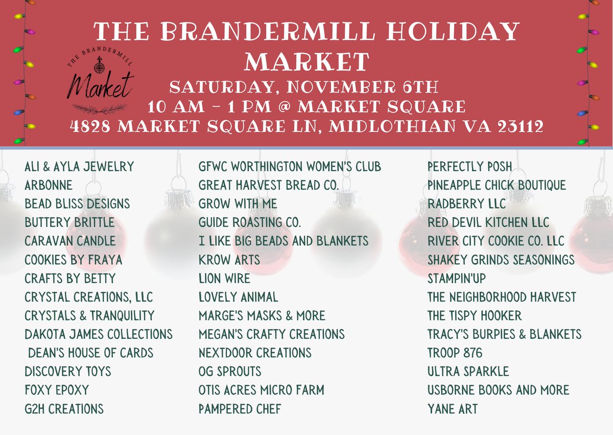 BrandermillVA's tweet photo. Hey Brandermill! Come on out to the Holiday Market this Saturday, November 6th. There will be over 40 vendors, live music, and food trucks! Find the perfect gifts for this holiday season. See you there! 😀 https://t.co/dHRHEfKTSQ