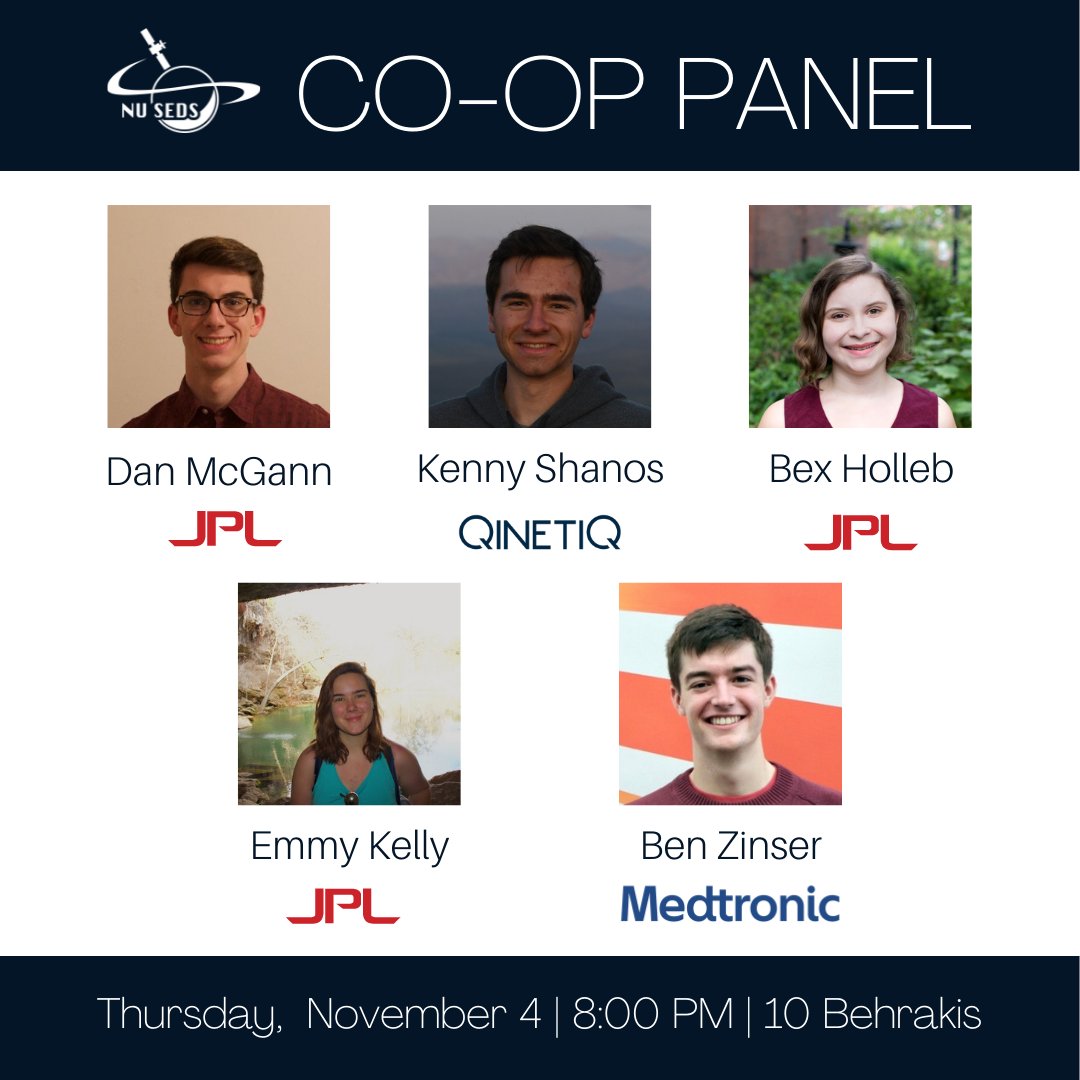 sedsnu's tweet photo. This Thursday, come hear from some of our SEDS Members from previous years about their co-op experiences! They'll be joining us to answer your questions about co-ops, work, and life after graduation https://t.co/gesytItQI9