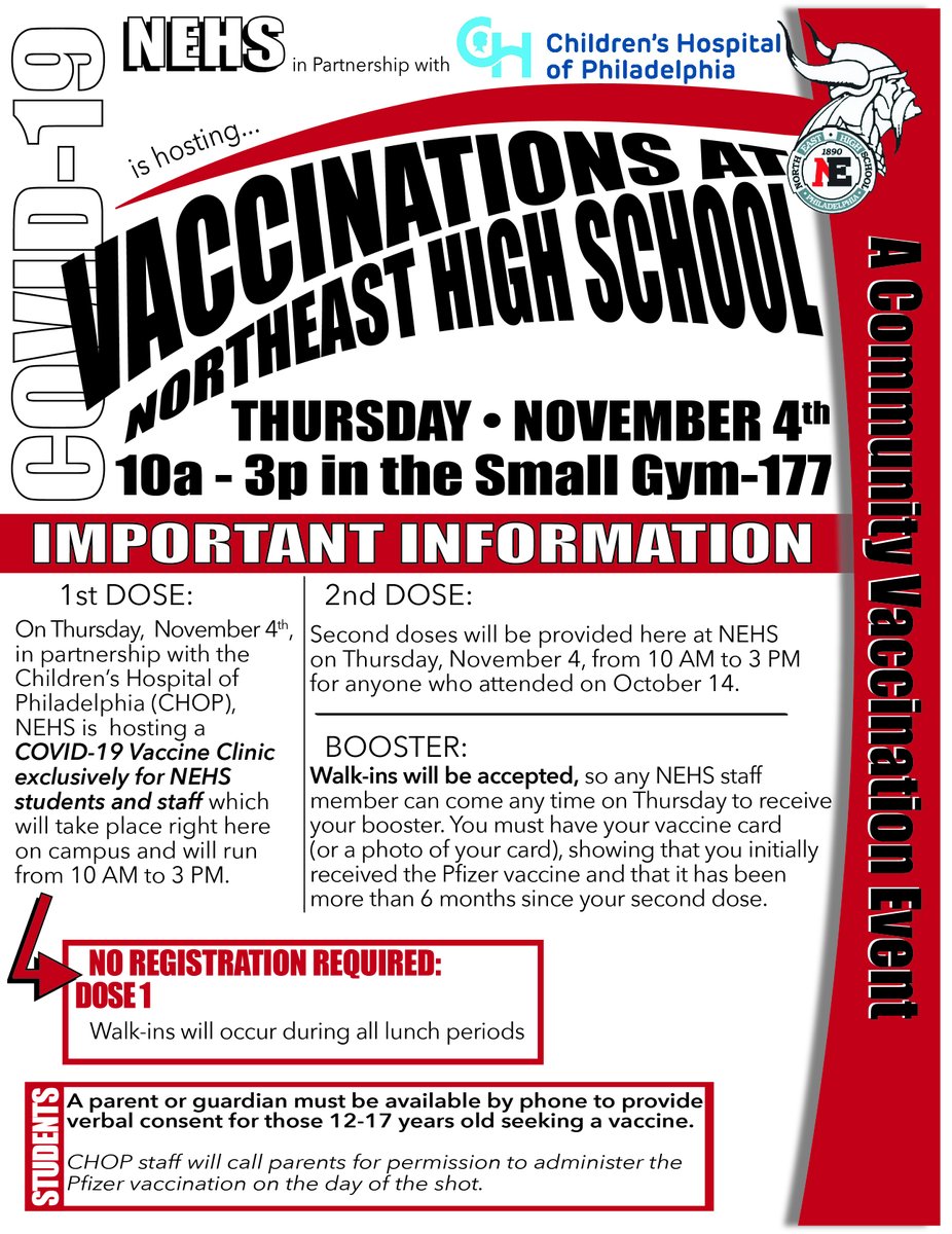 Covid Vaccination Event @ NEHS, Thursday - 11/4/21, 10AM - 3PM!