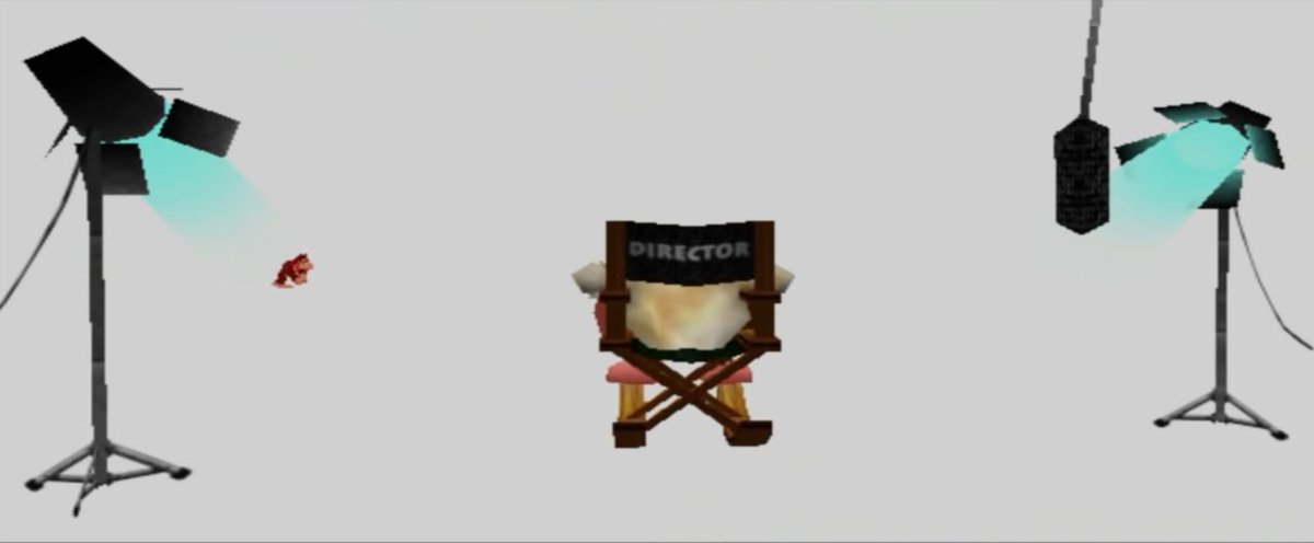 Cranky Kong in a Director chair as Donkey Kong walks out to audition for the DK game on the then-Project Dolphin. From the 101% ending to Donkey Kong 64.