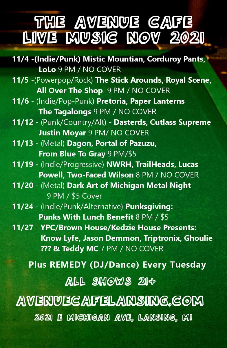 #lansingmi #livemusic for November 2021 at <a href="/hellyeah_avenue/">Avenue Cafe</a> #michiganmusic #lansingmusic #theavenuecafe <a href="/pretoriamusic/">Pretoria</a> <a href="/PaperLanternsMi/">Paper Lanterns</a> <a href="/stick_arounds/">The Stick Arounds</a> <a href="/justinmoyar/">Justin Moyar</a> <a href="/TrailHeadsjams/">TrailHeads</a> <a href="/heartsickband/">Heartsick</a> @_lucaspowell <a href="/517Living/">517 Living</a> <a href="/lccradio/">LCC Radio 89.7 WLNZ</a>