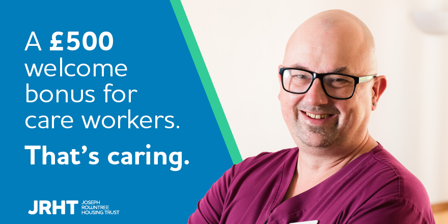 theJRHT's tweet photo. Being a quality care provider means attracting the best staff. 

For a limited time, care or support workers will receive a £500 welcome bonus, in two instalments of £250: one paid on arrival, one after you have successfully completed six months. 

Search #JRHTJobs https://t.co/YZHZP2WUh7