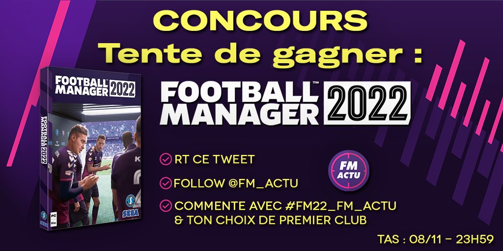 FM_Actu's tweet photo. 🎁[#Concours #Giveaway | #FM22 ]

Tente de gagner Football Manager 2022 !

Pour cela :

🔃RT ce tweet
➡️Follow @FM_Actu 
📝Commente avec #FM22_FM_ACTU &amp; ton choix de premier club

🍀A gagner : Jeu PC - Football Manager 2022
🎲TAS le 08/11 - 23h59

Bonne chance à toutes et tous ! https://t.co/5Jn8Qj00AF
