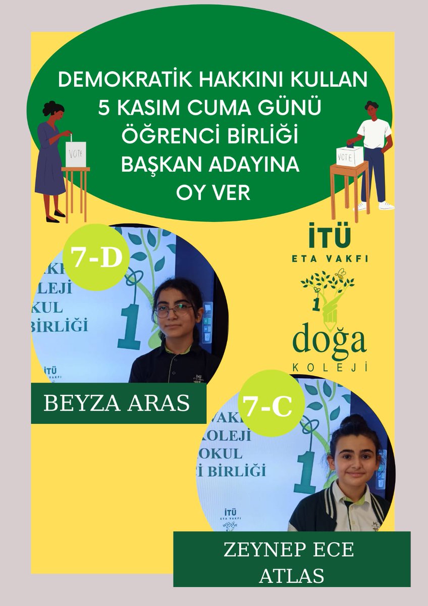 İTÜ Eta Vakfı Tuzla Doğa Ortaokulu Öğrenci Birliği Başkanını seçiyor..
Aday öğrencilerimize başarılar dileriz <a href="/veyselgezicii/">veysel gezici</a> <a href="/OzgeHoca/">Özge Kalay Ok</a> <a href="/Davutenol10/">Davut Şenol</a> <a href="/gulsenakssu/">Gülşen Arslan</a>